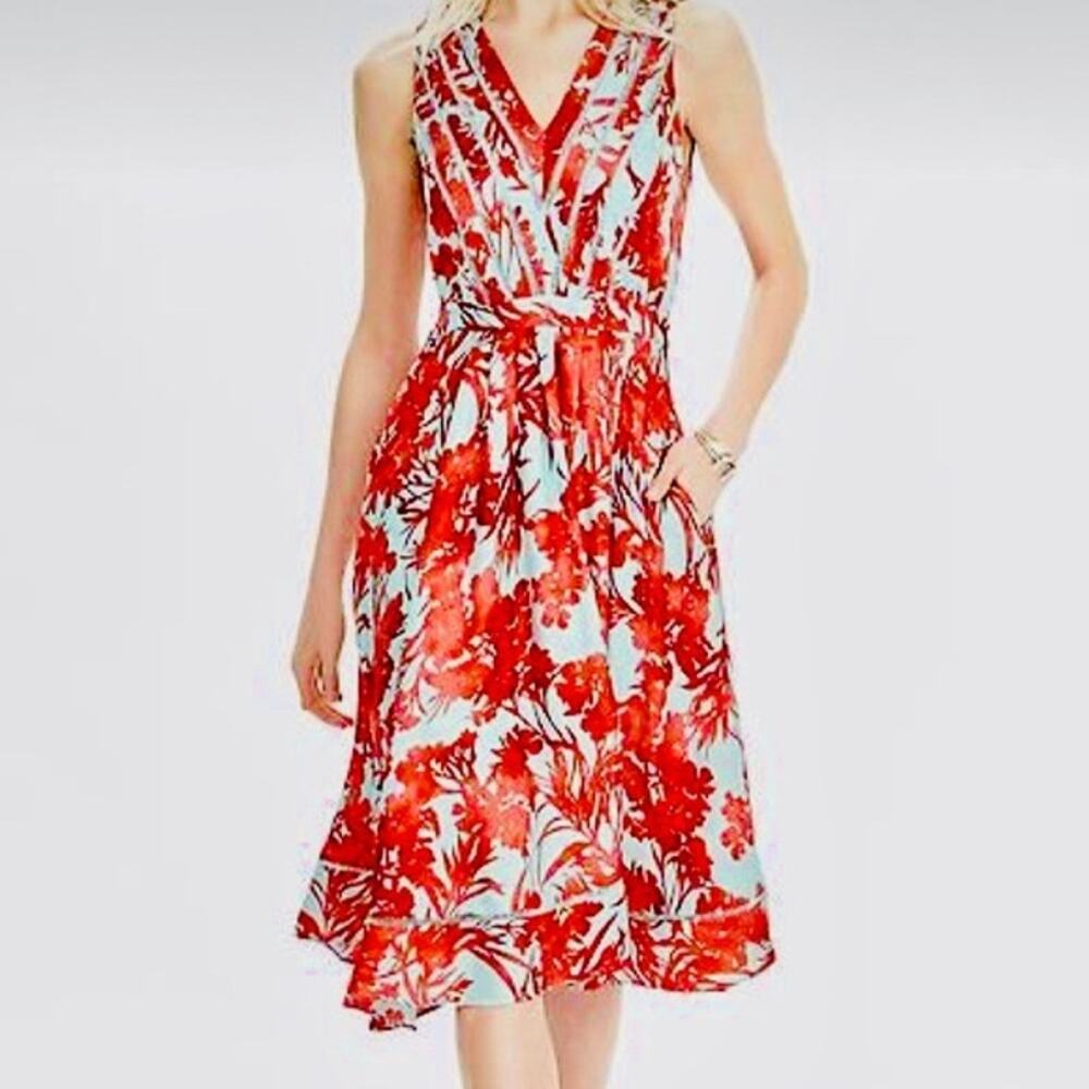 Banana Republic Floral Vee Dress Women's Size 6 Candy Teal Silky Glam Old Money